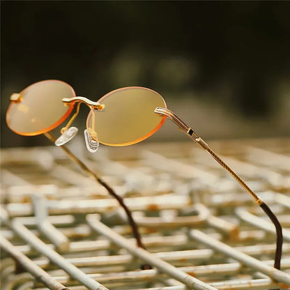 Retro Oval Rimless Sunglasses – Blue Mirror Gold Metal UV400 for Men & Women