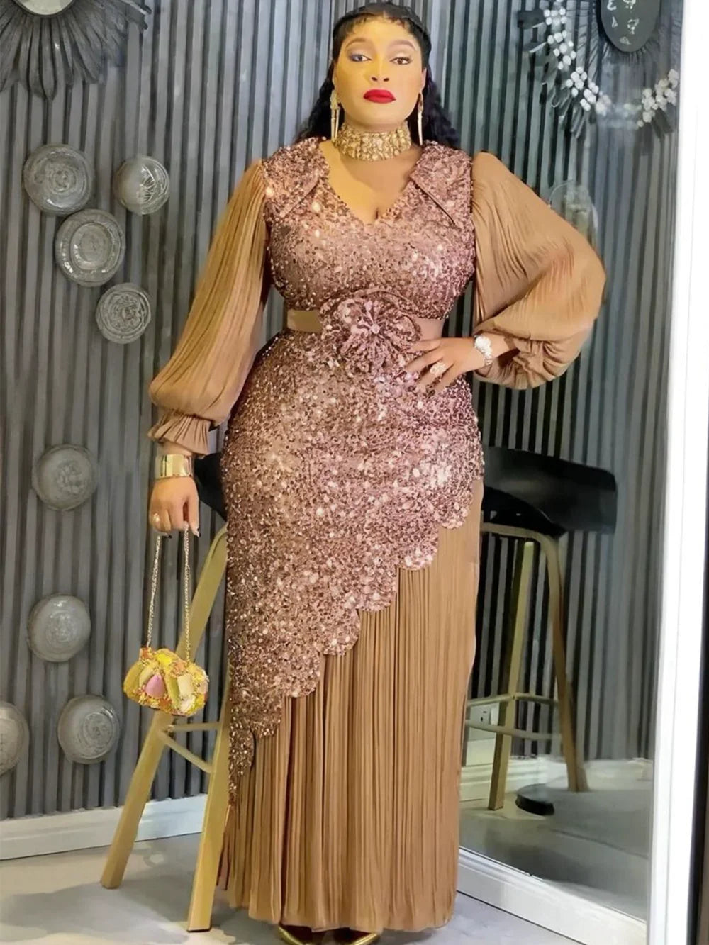 Elegant African Dresses for Women - Plus Size Sequin Dashiki Ankara Maxi Evening Party Dress