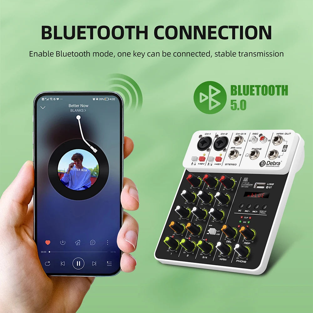 Debra V8 8-Channel Audio Mixer – Bluetooth & USB Mixer with 48V Phantom Power, Delay/Repeat Effects for PC Recording & Sound Console