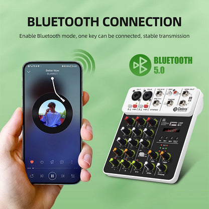 Debra V8 8-Channel Audio Mixer – Bluetooth & USB Mixer with 48V Phantom Power, Delay/Repeat Effects for PC Recording & Sound Console