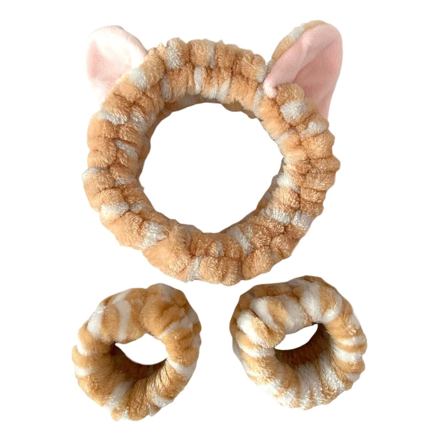 3PCS Cat Ear Plush Headband Set - Soft Face Washing Headband with Wrist Straps for Girls