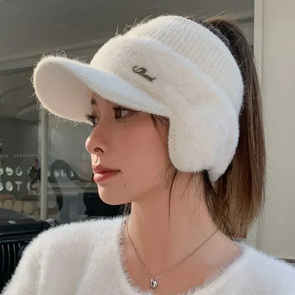 Winter Hats for Women 2023 – Fashionable Knitted Earflap Baseball Cap, Windproof Ponytail Visor for Outdoor Sports