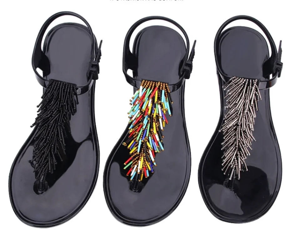 Women's Black Crystal PVC Flip-Flop Sandals – Low Heel Summer 2024 Luxury Footwear