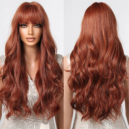 Copper Ginger Red Brown Synthetic Wig – Long Fluffy Wavy Wig with Bangs, Heat-Resistant Cosplay & Daily Wear Hair for Women