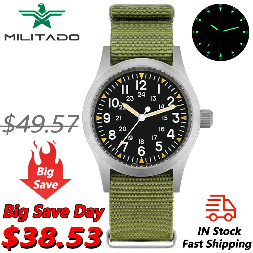 Militado ML05 Vintage Quartz Watch 38mm with VH31 Movement, Domed Sapphire Crystal, AR Coating & Luminous Dial
