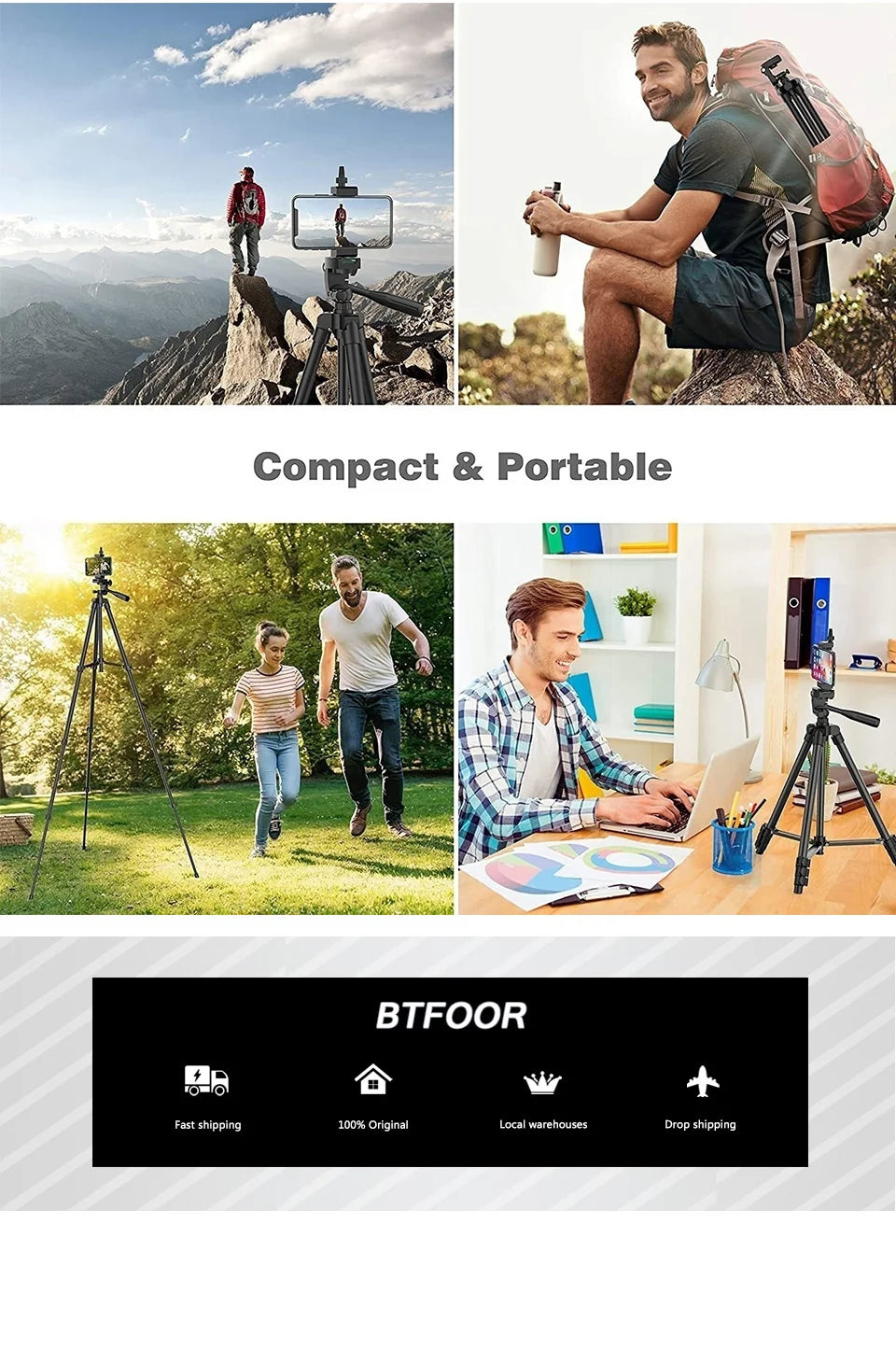55" Aluminum Phone & Camera Tripod – 140CM Tall Travel Stand with Quick Release Plate & Pan Head for Canon Nikon DSLR SLR