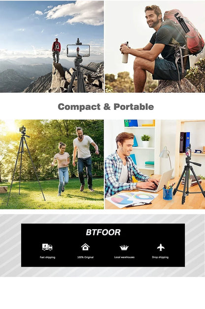 55" Aluminum Phone & Camera Tripod – 140CM Tall Travel Stand with Quick Release Plate & Pan Head for Canon Nikon DSLR SLR