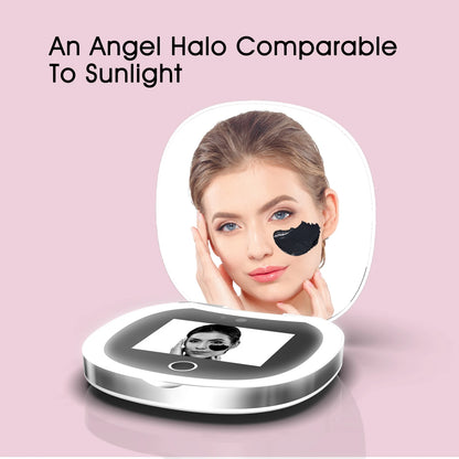 Travel Compact UV Mirror with Camera & LED Lights – 2X Magnification Makeup Mirror for Facial Sunscreen Check
