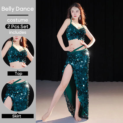 2-Piece Belly Dance Costume Set for Women – Sexy Sequin Top & Skirt Outfit for Stage Performance & Training
