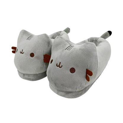 Chubby Gray Cat Plush Slippers - Warm, Fluffy Indoor House Shoes for Men and Women, Cozy Autumn and Winter Couple Gifts