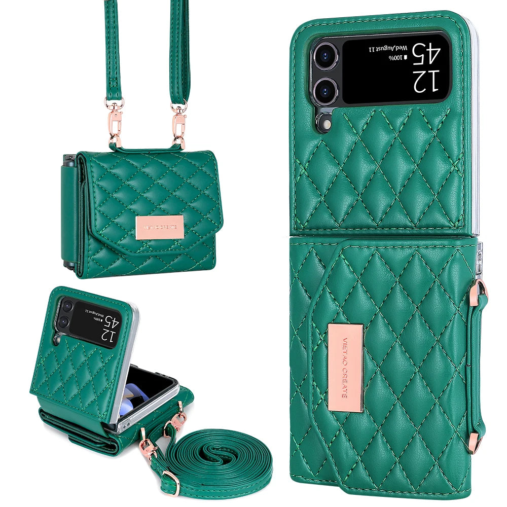 VIETAO Leather Wallet Phone Case with Crossbody Strap — Pink Purse Case for Samsung Galaxy Z Flip 3/4/5/6/7