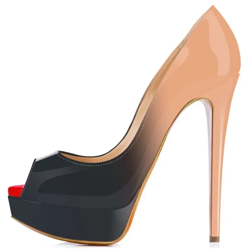 Women’s Sexy Platform Peep Toe Pumps – 14cm Stiletto Patent Leather High Heels for Party & Wedding
