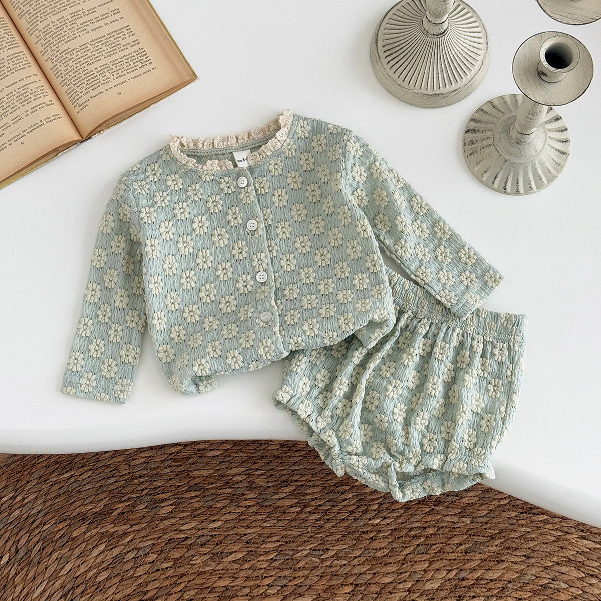 Summer European Style Baby Onesie Set – Floral Embroidery Long Sleeve Top & Shorts, Breathable 2-Piece Outfit