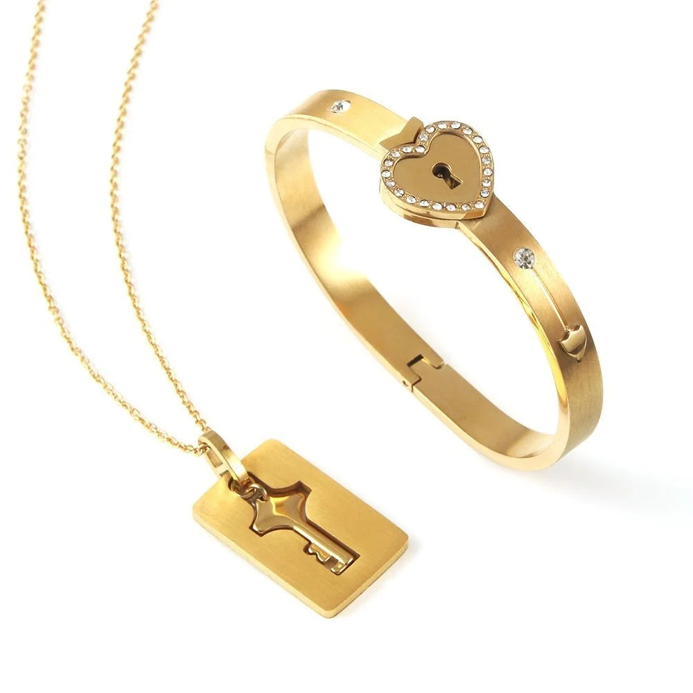 Couple Stainless Steel Love Lock Bracelet with Key Pendant Necklace – Romantic Jewelry Gift for Men and Women