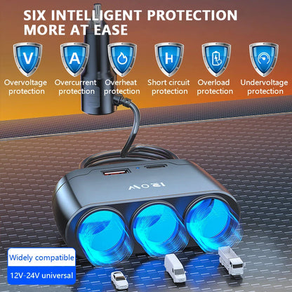 12V/24V Car Charging Adapter - 1-to-3 Power Splitter with USB and PD Fast Charging for Universal Vehicles