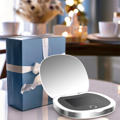 Travel Compact UV Mirror with Camera & LED Lights – 2X Magnification Makeup Mirror for Facial Sunscreen Check