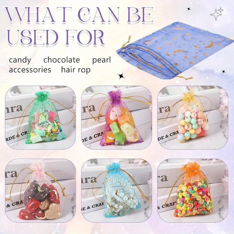 50PCS Moon & Stars Organza Drawstring Bags – Gold Star Jewelry Gift Pouches for Christmas, Weddings & Favors