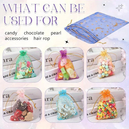50PCS Moon & Stars Organza Drawstring Bags – Gold Star Jewelry Gift Pouches for Christmas, Weddings & Favors