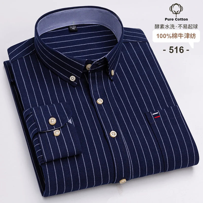 Men's 100% Cotton Oxford Plaid Shirt - Soft Regular Fit Long Sleeve Formal Dress Shirt with Pocket S-7XL