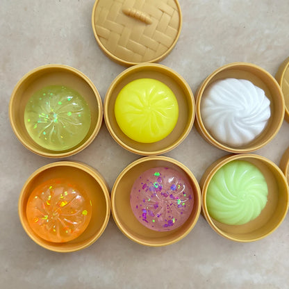 Crystal Mini Dumpling & Steamed Bun Squishy Set - Soft Squeeze Stress Relief Fidget Toys with Steamer, Party Favors & Gifts