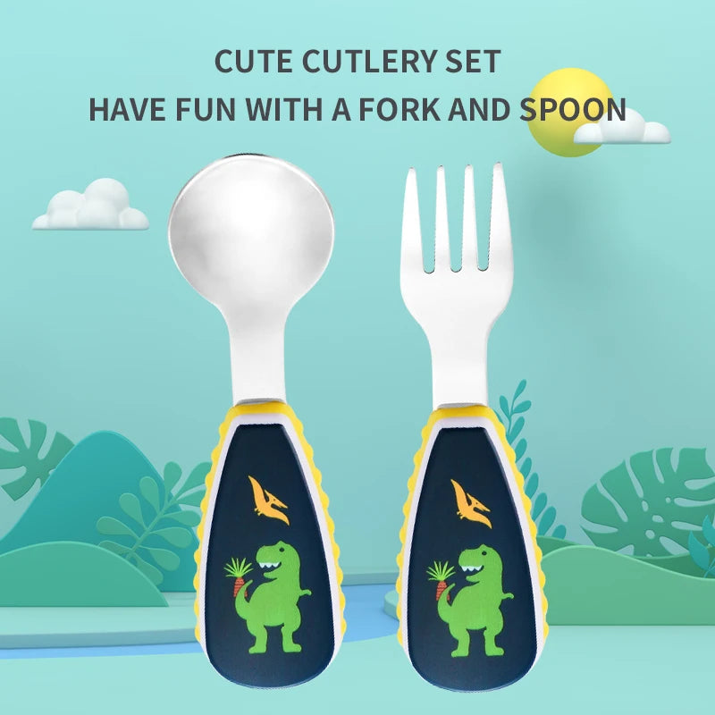 Toddler Dinosaur Spoon & Fork Set - Stainless Steel Cartoon Feeding Utensils with Short Handle for Kids