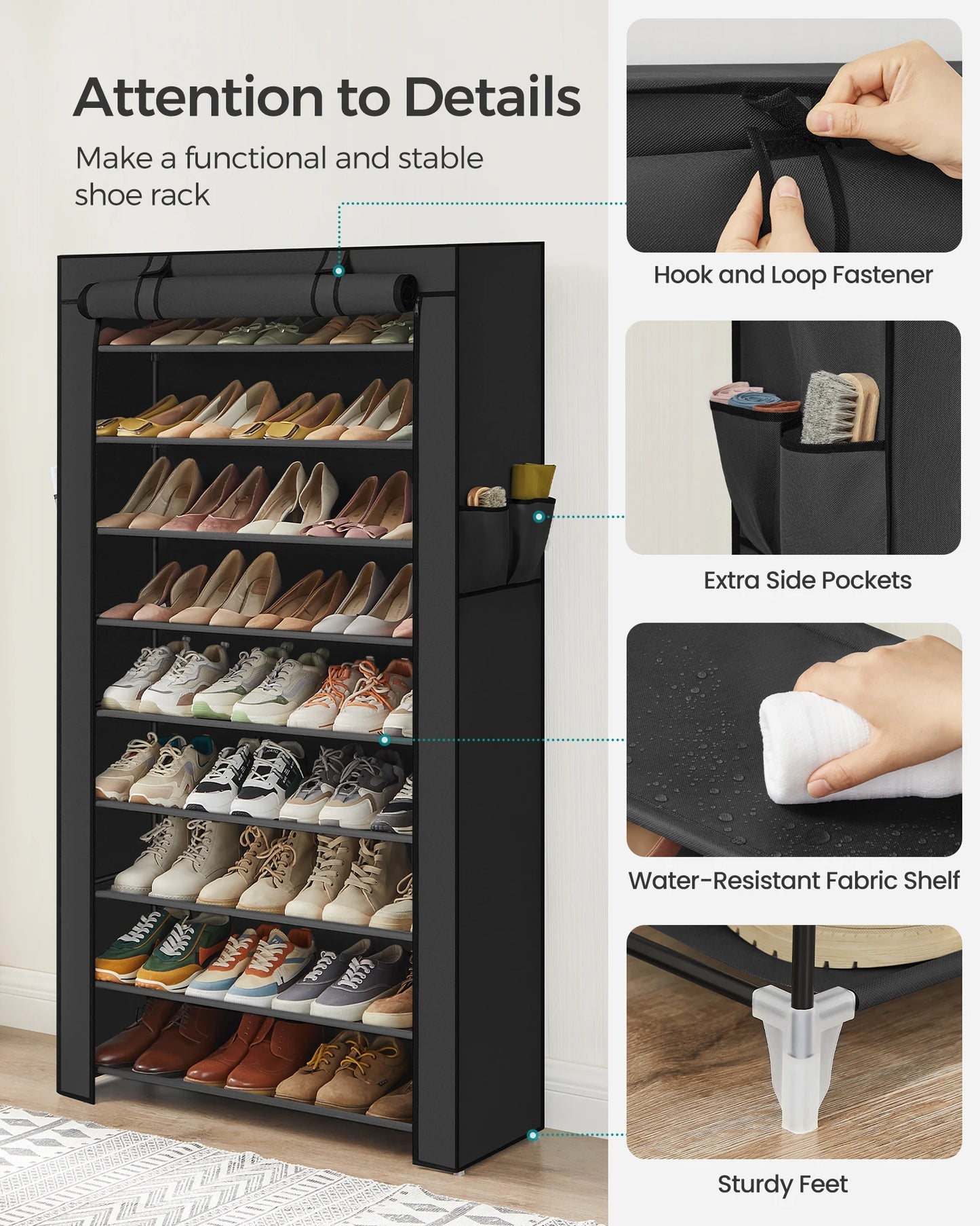 SONGMICS 9-Tier Shoe Rack – Nonwoven Fabric Covered Shoe Organizer for 40-50 Pairs, Entryway Storage Shelf
