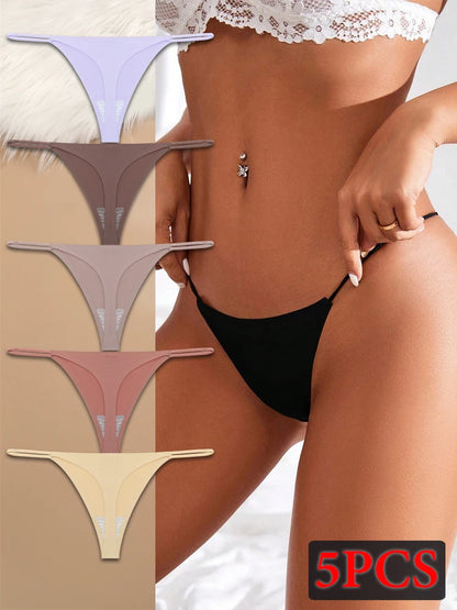 5PCS Seamless Ice Silk Thongs for Women – Low Waist Sexy Bikini T-Back, Solid Color Traceless G-String Panties, XS-XL