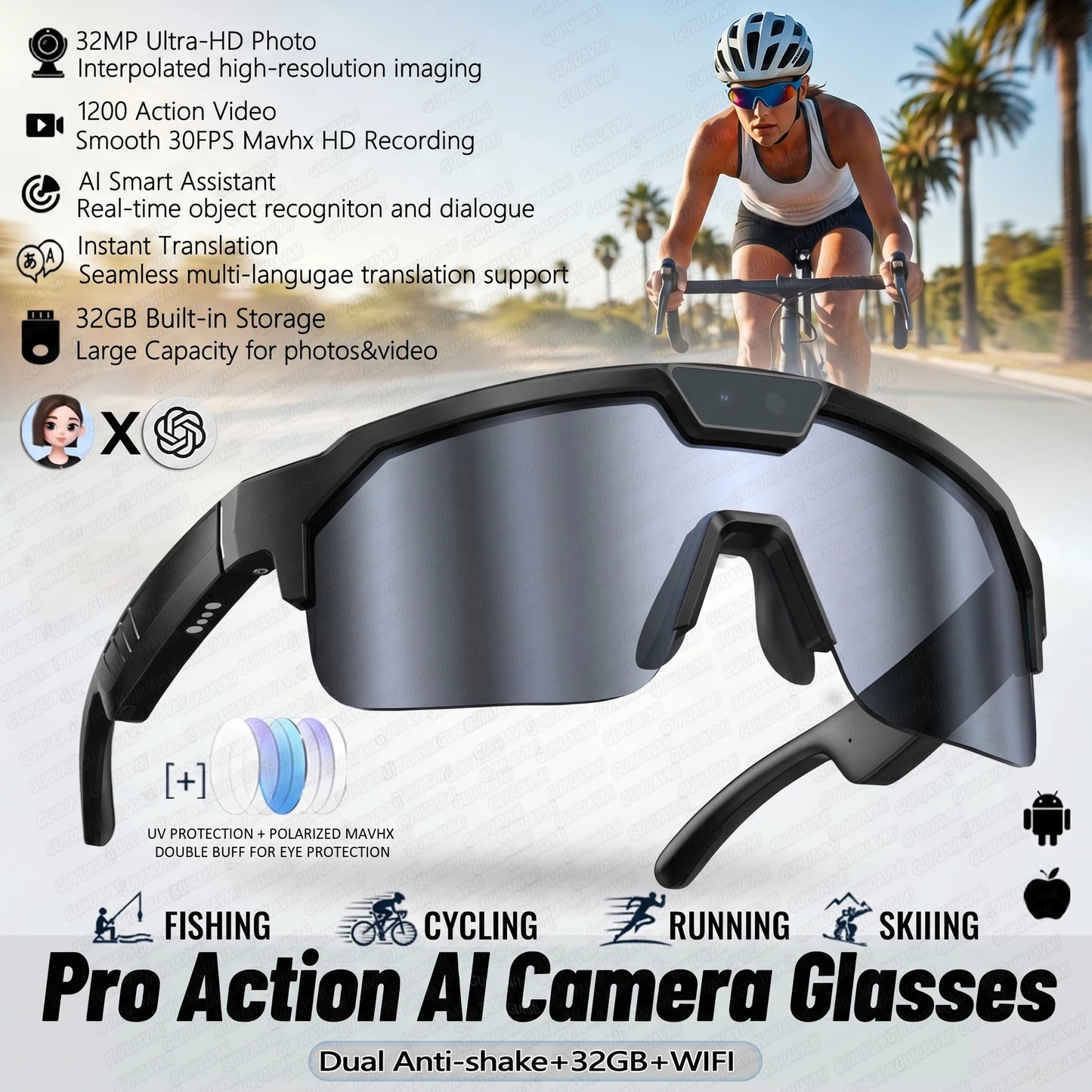 AI Smart Sports Camera Glasses - HD Anti-Shake Recording Sunglasses for Cycling, Riding & Outdoor Activities