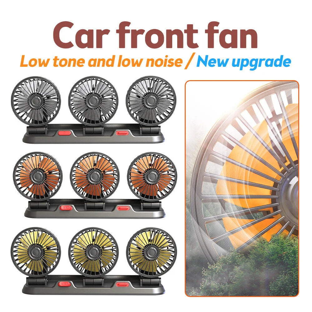 360° Adjustable Car Fan - 3-Head Automotive Electric Fan - USB/12V/24V - 2 Speeds - Silent Cooling for Home, Desk, Office & Car