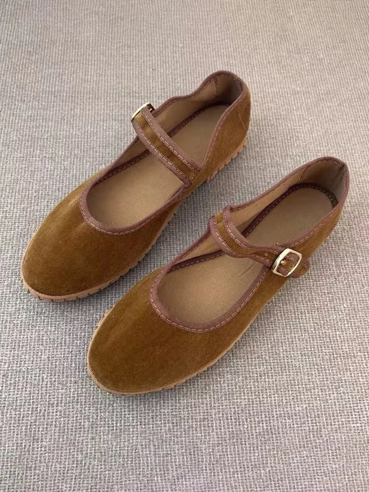 Women's Velvet Mary Jane Shoes – Hand-Stitched Ballet Flats, Casual Streetwear Loafers in Solid Colors
