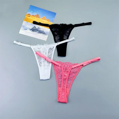 Women's Transparent Lace Thong Set - 3PCS Adjustable Low Waist Sexy T-Back Underwear