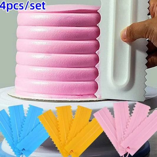 4PCS/Set Double-Sided Tooth Cake Scraper: Plastic Pattern Cream Scraper - Essential DIY Baking Tools and Accessories