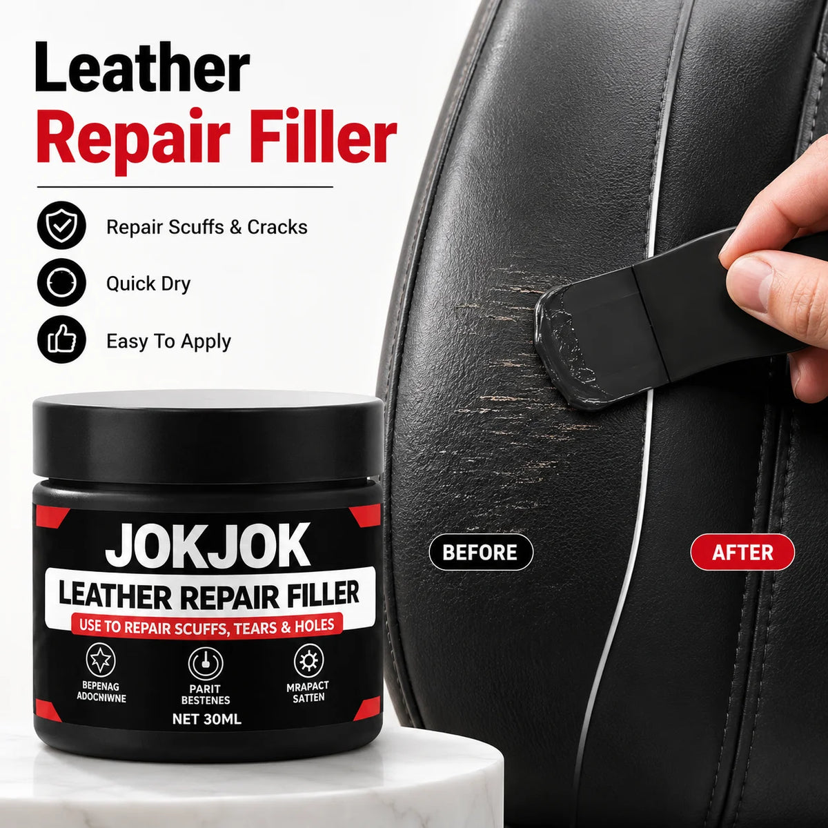 JOKJOK Leather Repair Filler 30ml - Black PU Vinyl Paste for Car Seats, Sofas, Shoes, Scratches, and Cracks