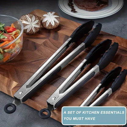 Heavy Duty Stainless Steel Kitchen Tongs - Heat Resistant Silicone Tips with Locking Secure Grip Design