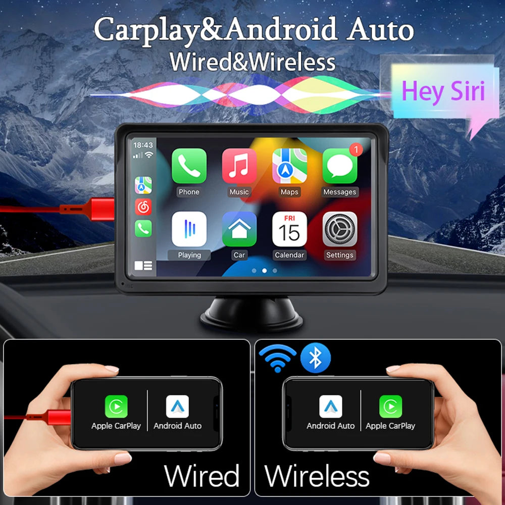 HIPPBQCC 7-Inch Car Radio – CarPlay & Android Auto Multimedia Player, Portable Touch Screen, USB/AUX, Rear View Camera Support