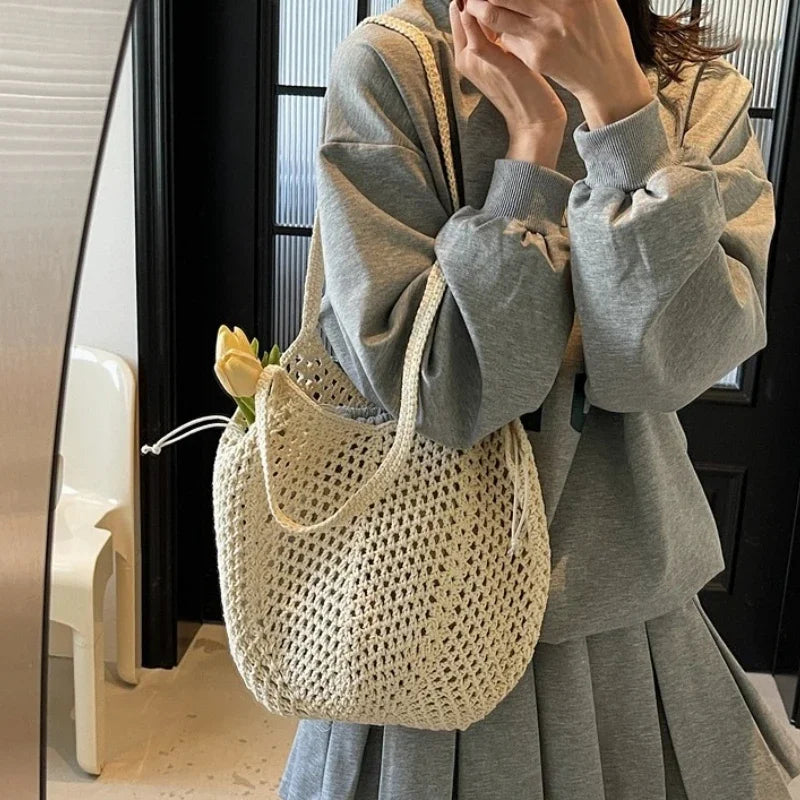 2-in-1 Luxury Summer Beach Tote Bag – Hollow-Out Large Capacity Shoulder Handbag for Women, Casual Underarm Bag