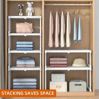 Closet Shelf Wardrobe Organizer – Stackable Telescopic Adjustable Divider, Punch-Free Clothes Storage Rack