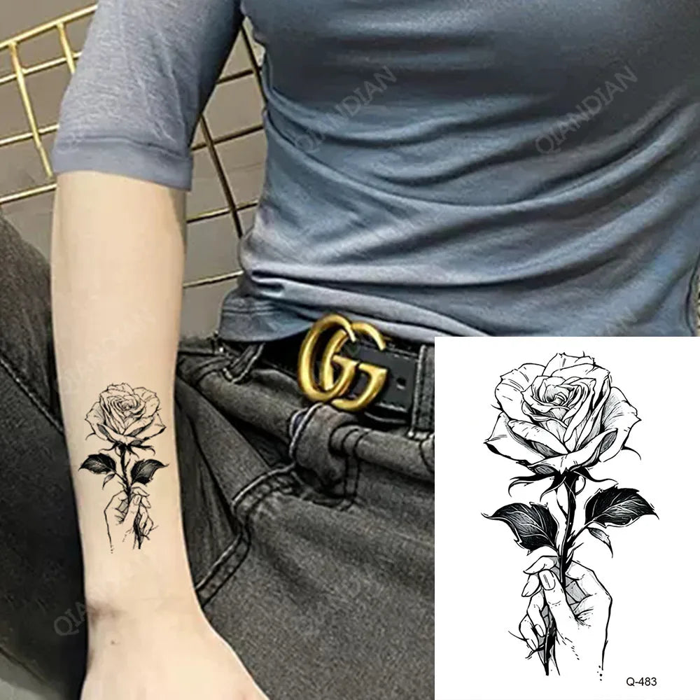 Waterproof Temporary Tattoo Stickers - Mini Black Rose, Butterfly, Arrow, Flower, Wings, Maori, and Snake Designs for Wrist and Neck