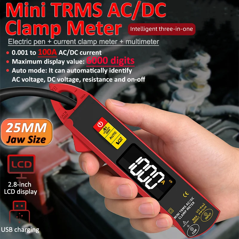 UX1 Digital Clamp Meter 6000 Counts - 100A TRMS AC/DC Mini Multimeter with Rechargeable LCD Display
