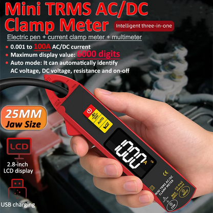 UX1 Digital Clamp Meter 6000 Counts - 100A TRMS AC/DC Mini Multimeter with Rechargeable LCD Display