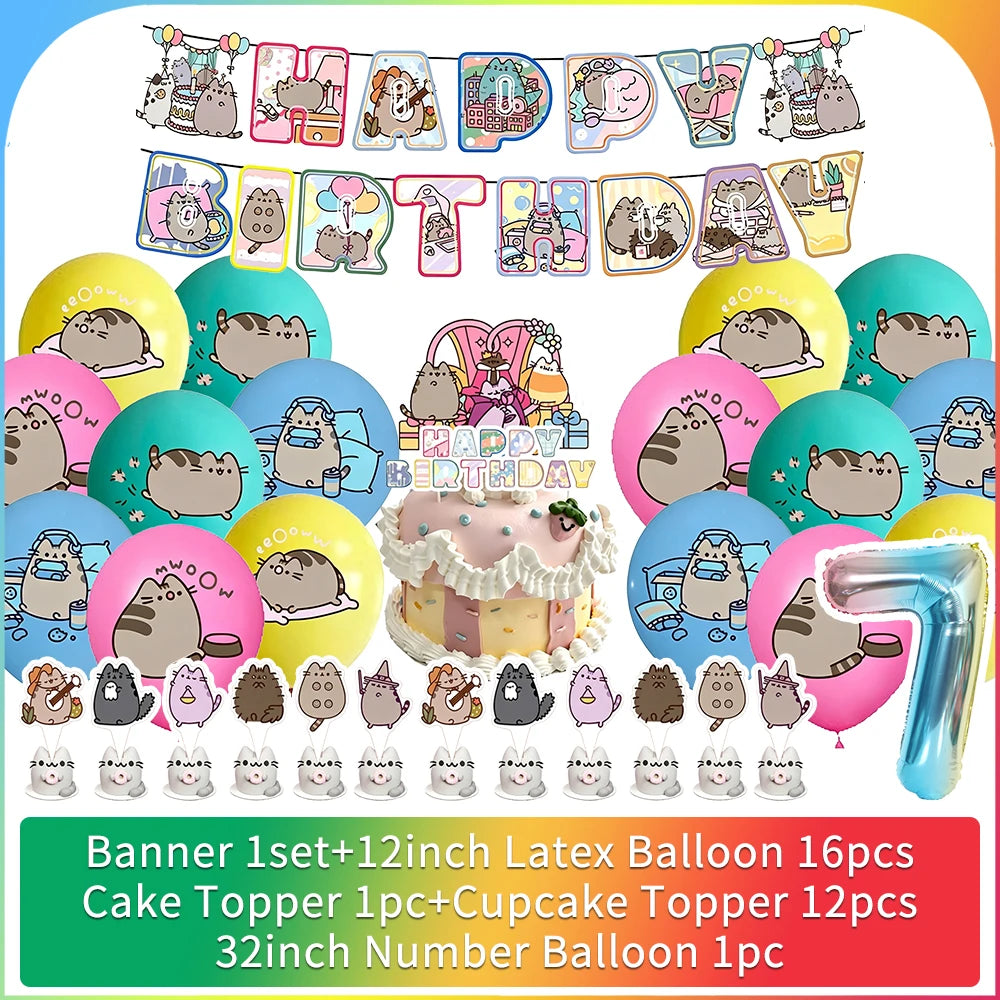 Cute Cat Birthday Party Decorations - Kawaii Balloon Set, Cake Toppers, Bunting Banner, and Party Backdrop Supplies