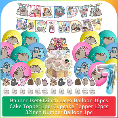 Cute Cat Birthday Party Decorations - Kawaii Balloon Set, Cake Toppers, Bunting Banner, and Party Backdrop Supplies