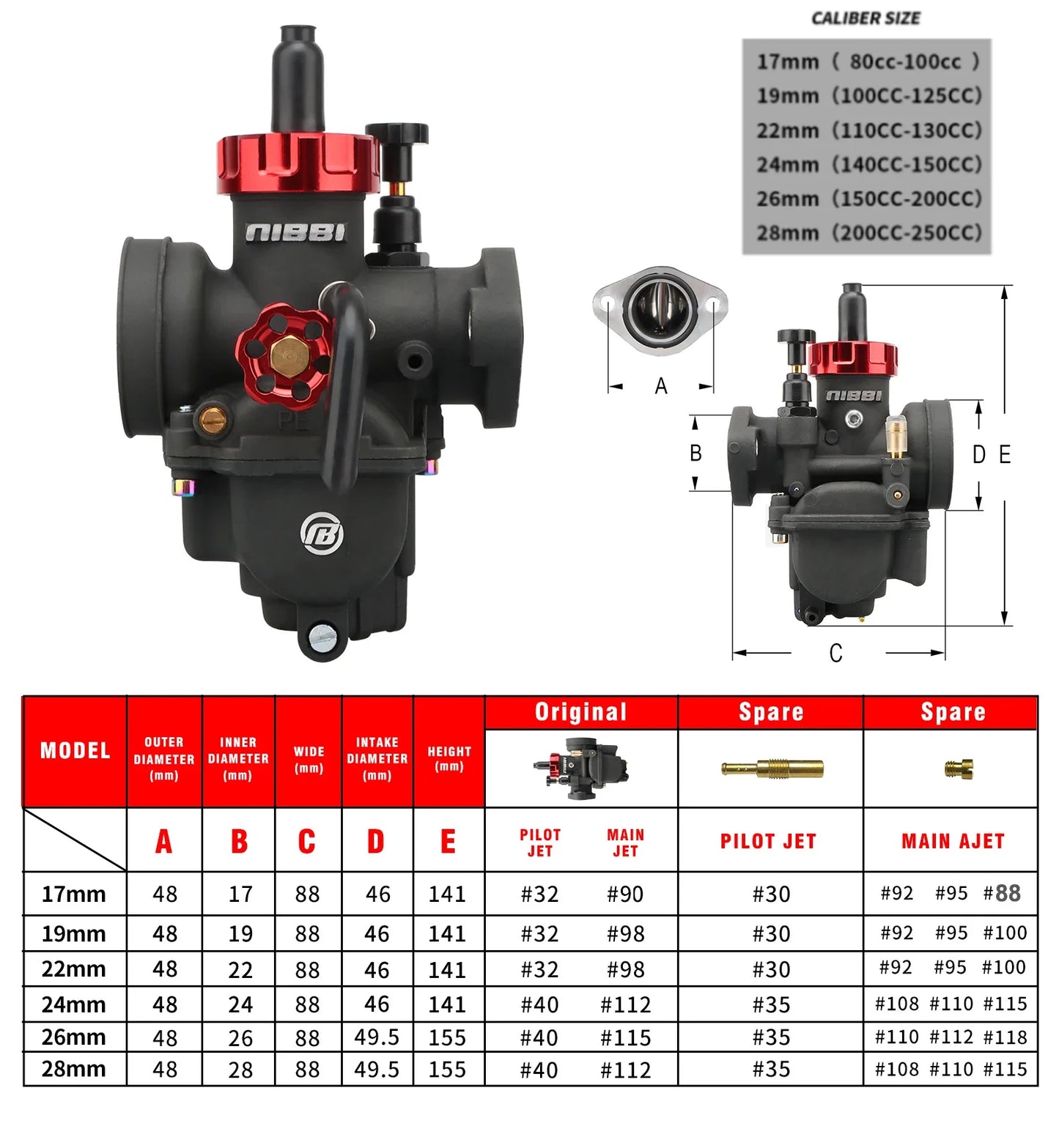NIBBI PE Flange Carburetor for Motorcycle – 19mm-28mm 2T/4T GY6 Engine 100cc-250cc ATV Yamaha Pitbike Racing