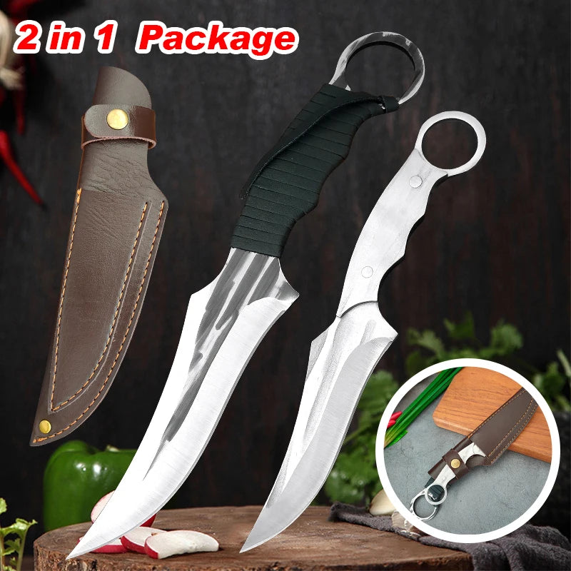2PCS Chef Butcher Boning Knife Set - Stainless Steel Utility and Slicing Knives for Meat, Fish, Fruit - Sharp Kitchen Cleavers