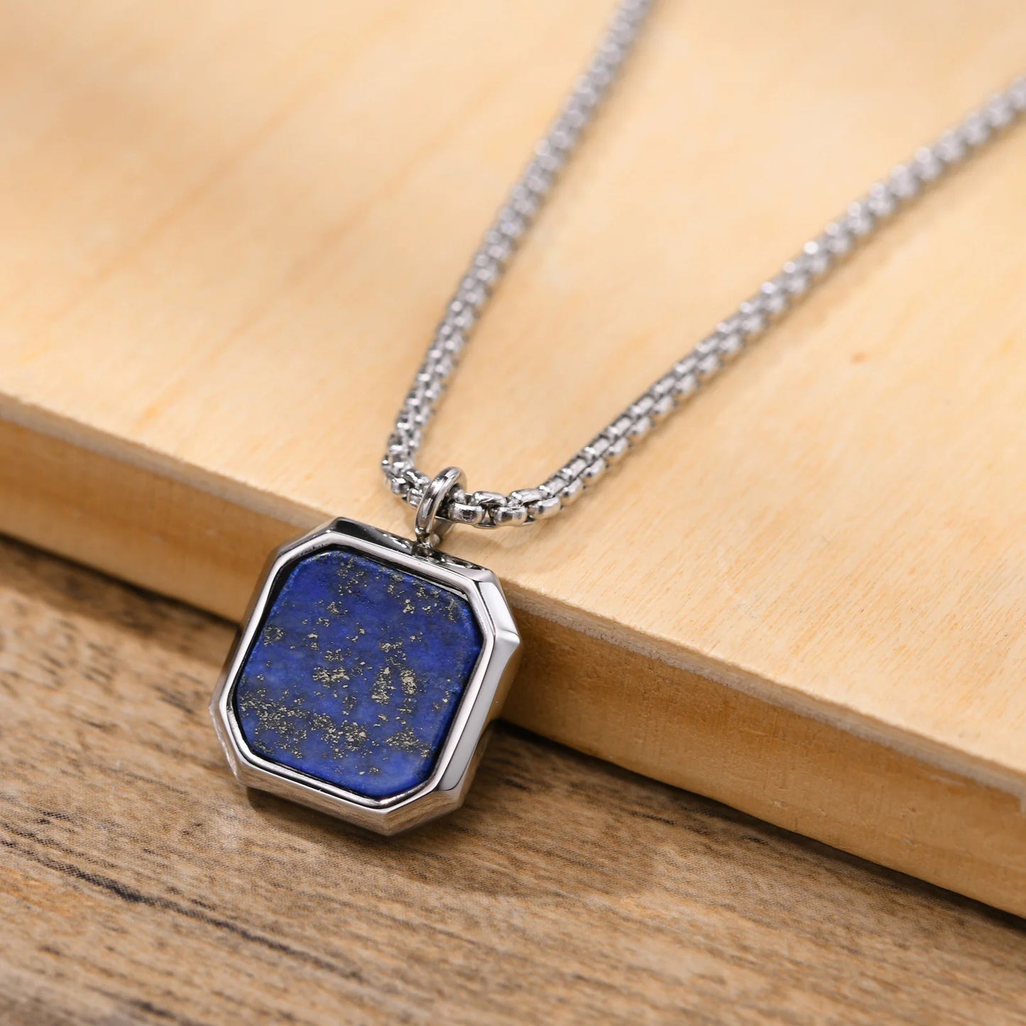 Vnox Stylish Men's Square Natural Stone Necklace - Stainless Steel Geometric Polygon Pendant, Casual Punk Jewelry Gift