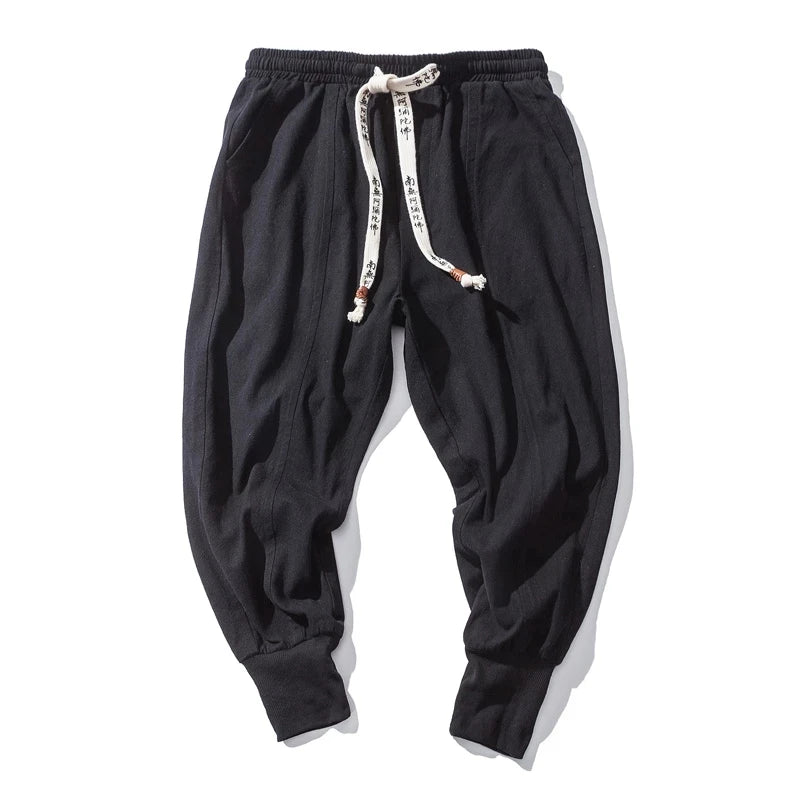 Men’s Cotton Linen Harem Pants – Solid Color Baggy Drop-Crotch Joggers with Elastic Waist Casual Streetwear Trousers