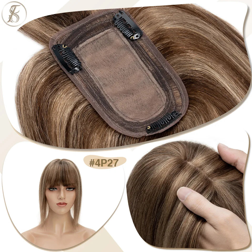 TESS Women Human Hair Topper With Bangs - 7x12.5cm Silk Base Clip In Hair Extension Natural Wigpiece