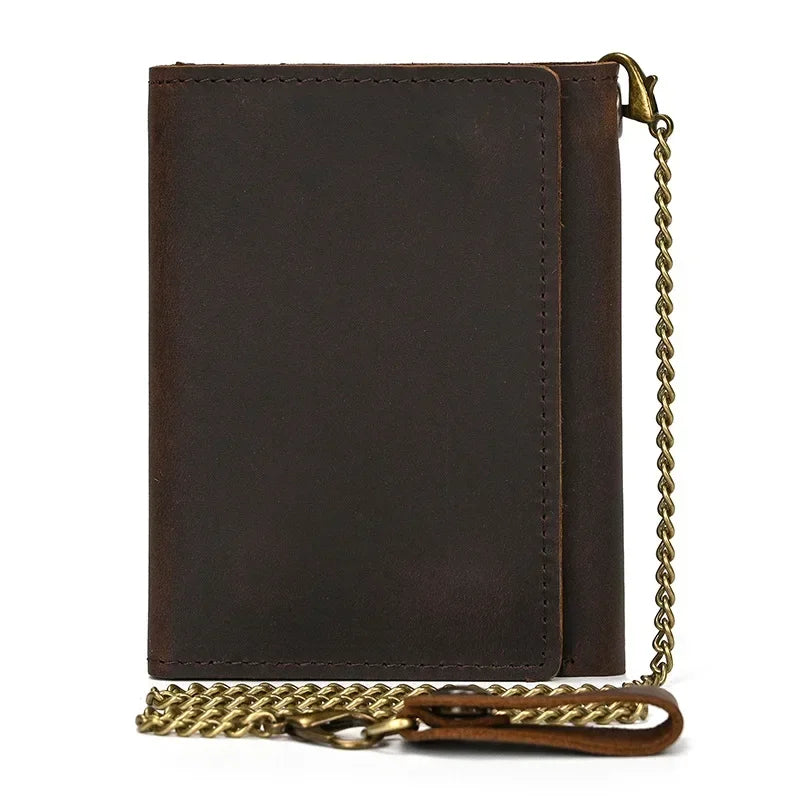 Men's Genuine Leather Short Wallet with Chain – Zipper Clutch, Trifold Purse, Card Holder & Coin Purse for Men