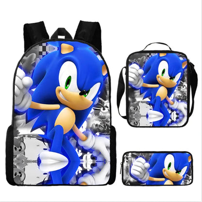 3PC Sonic Backpack School Bag Set – Anime Cartoon Zipper Backpack for Boys & Girls, Primary and Middle School Students