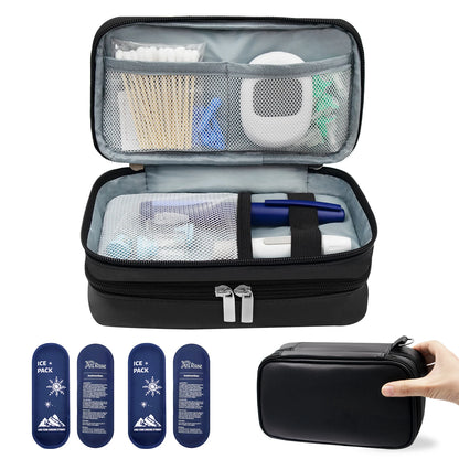Insulin Travel Bag for Diabetics, PU Leather Double Layer Organizer Case for Insulin Pens & Test Kits with Handle Medical Storage Pouch